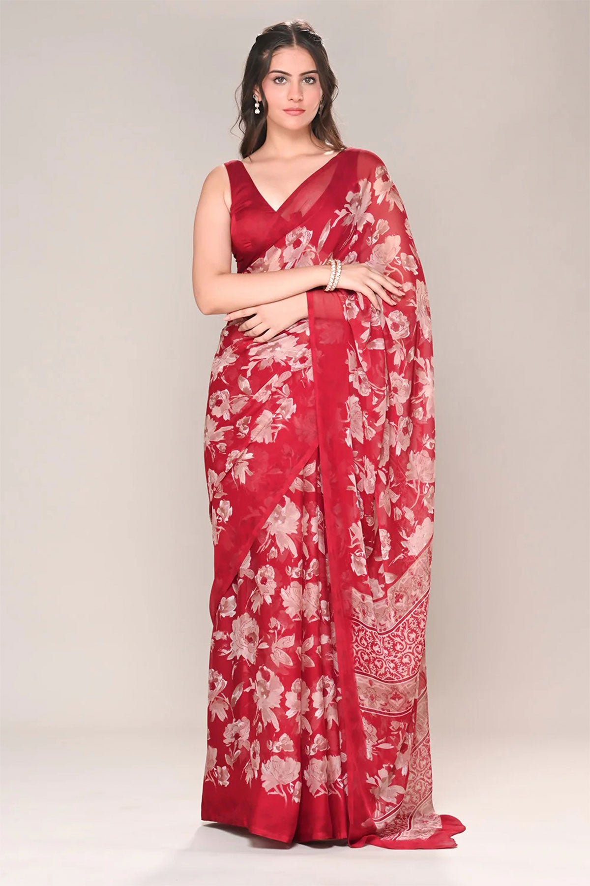 Maroon Chiffon Floral Printed Saree