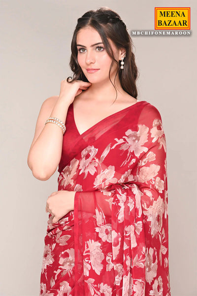 Maroon Chiffon Floral Printed Saree
