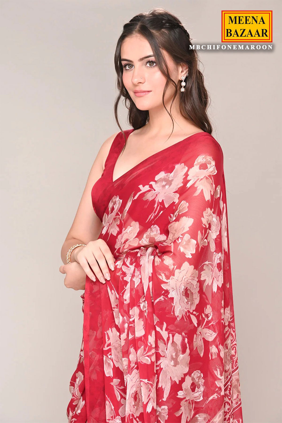 Maroon Chiffon Floral Printed Saree