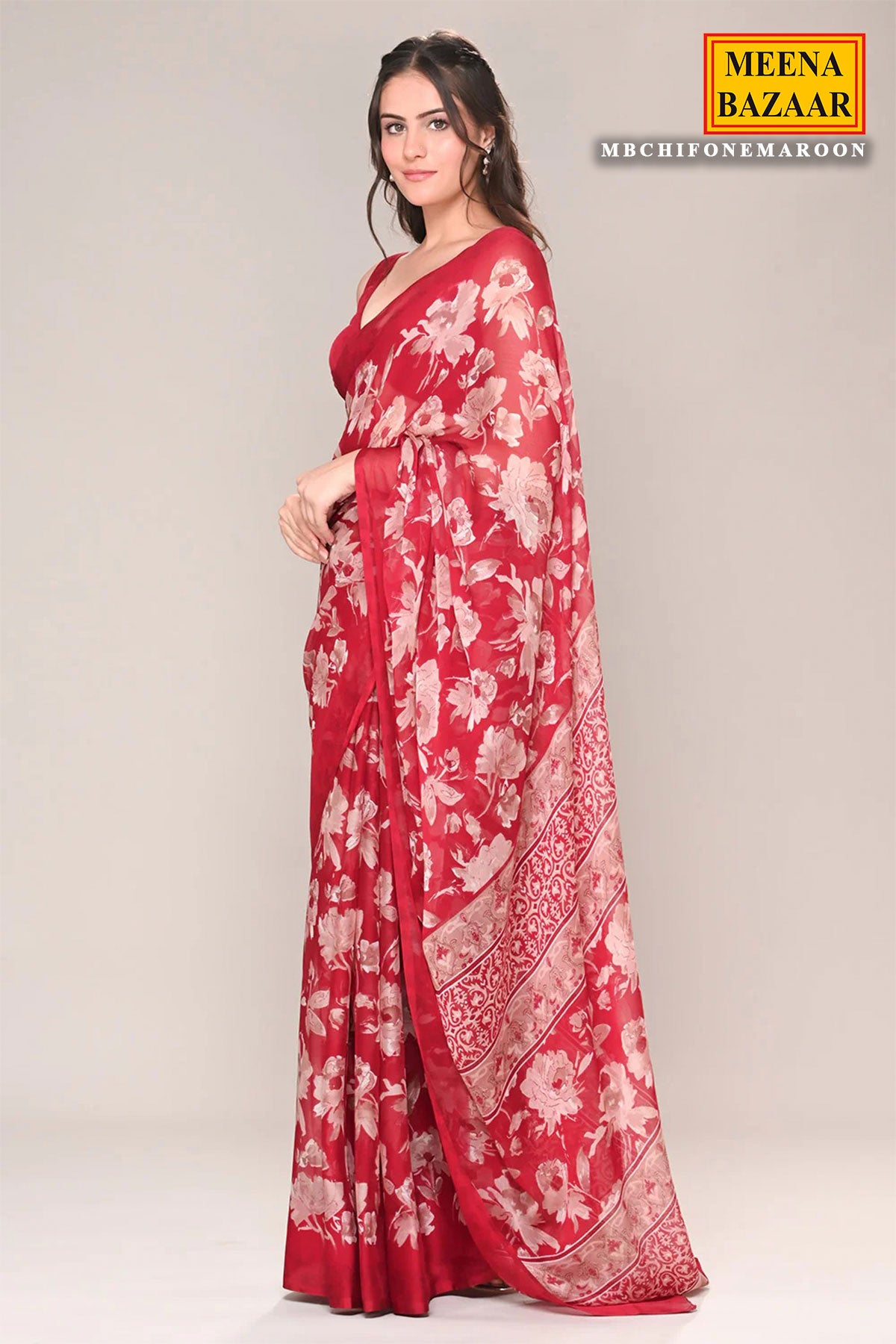 Maroon Chiffon Floral Printed Saree