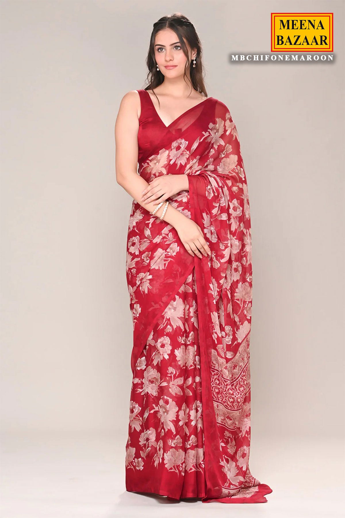 Maroon Chiffon Floral Printed Saree