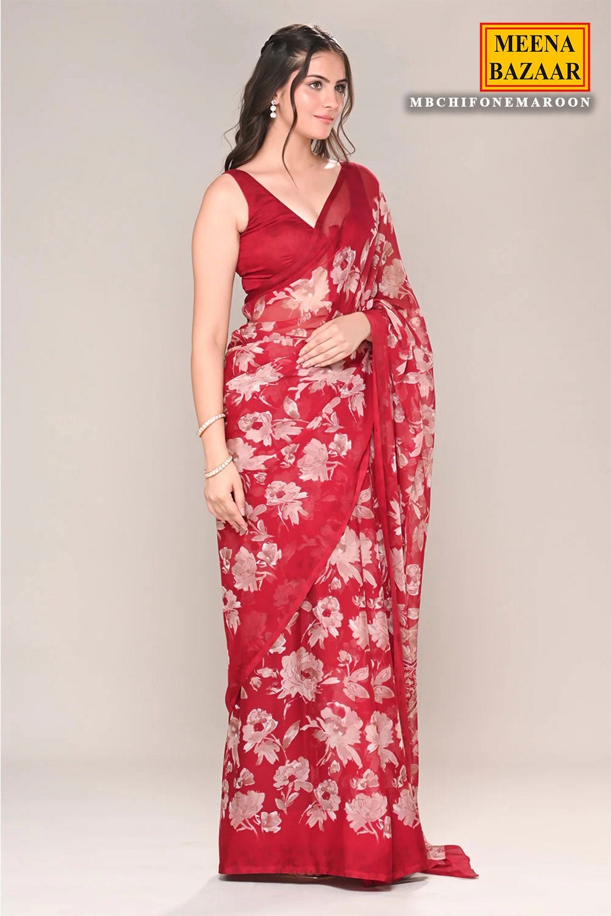 Maroon Chiffon Floral Printed Saree