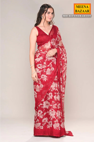 Maroon Chiffon Floral Printed Saree