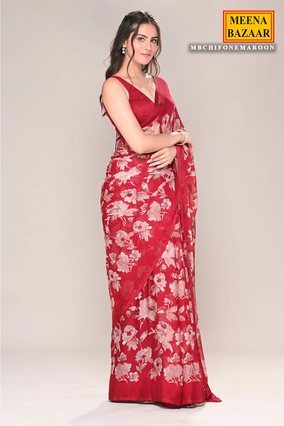 Maroon Chiffon Floral Printed Saree