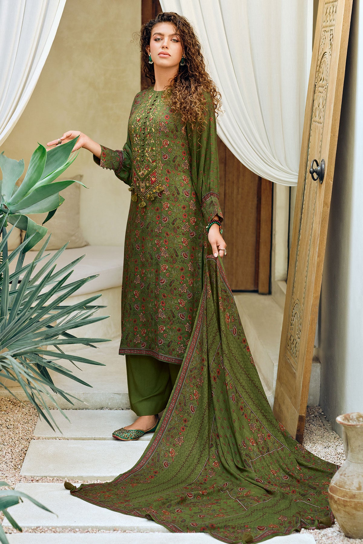 Mehandi Pashmina Floral Printed With Embroidered Yoke Unstitched Suit