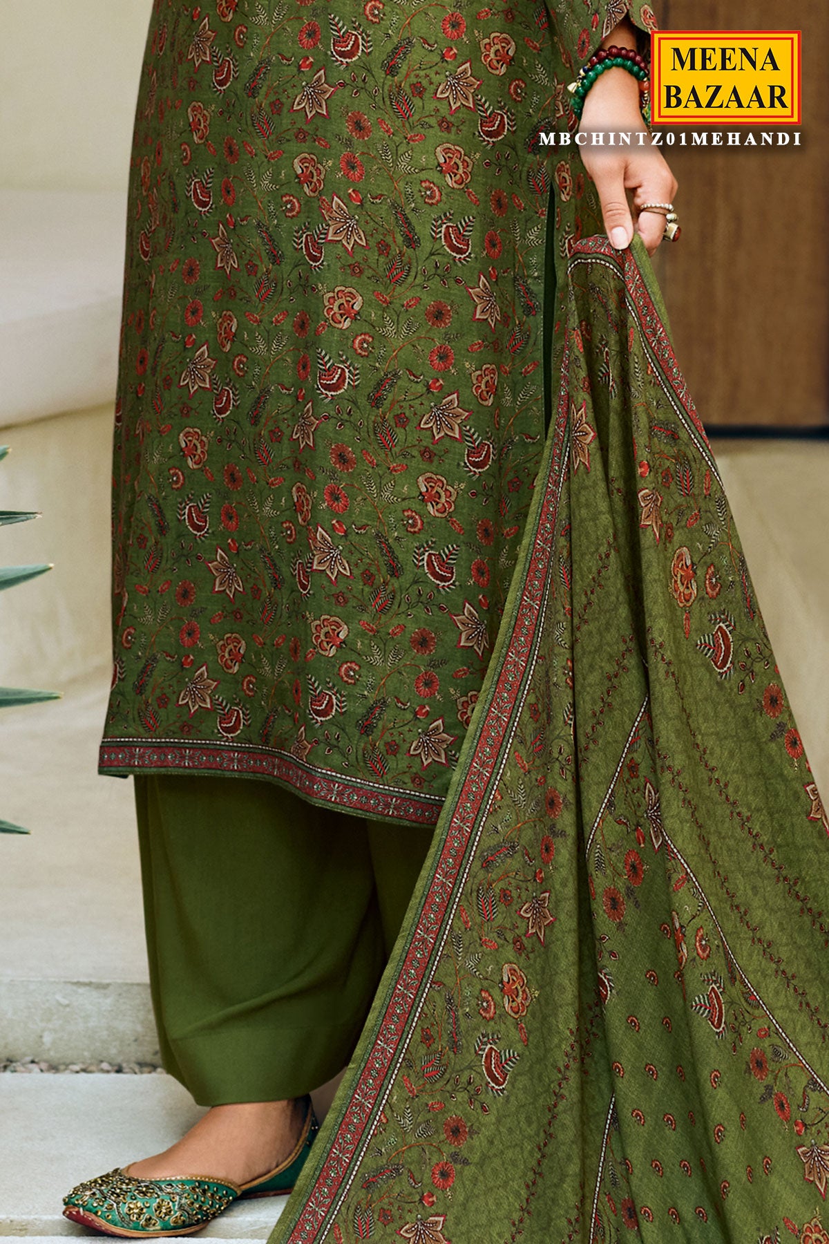 Mehandi Pashmina Floral Printed With Embroidered Yoke Unstitched Suit