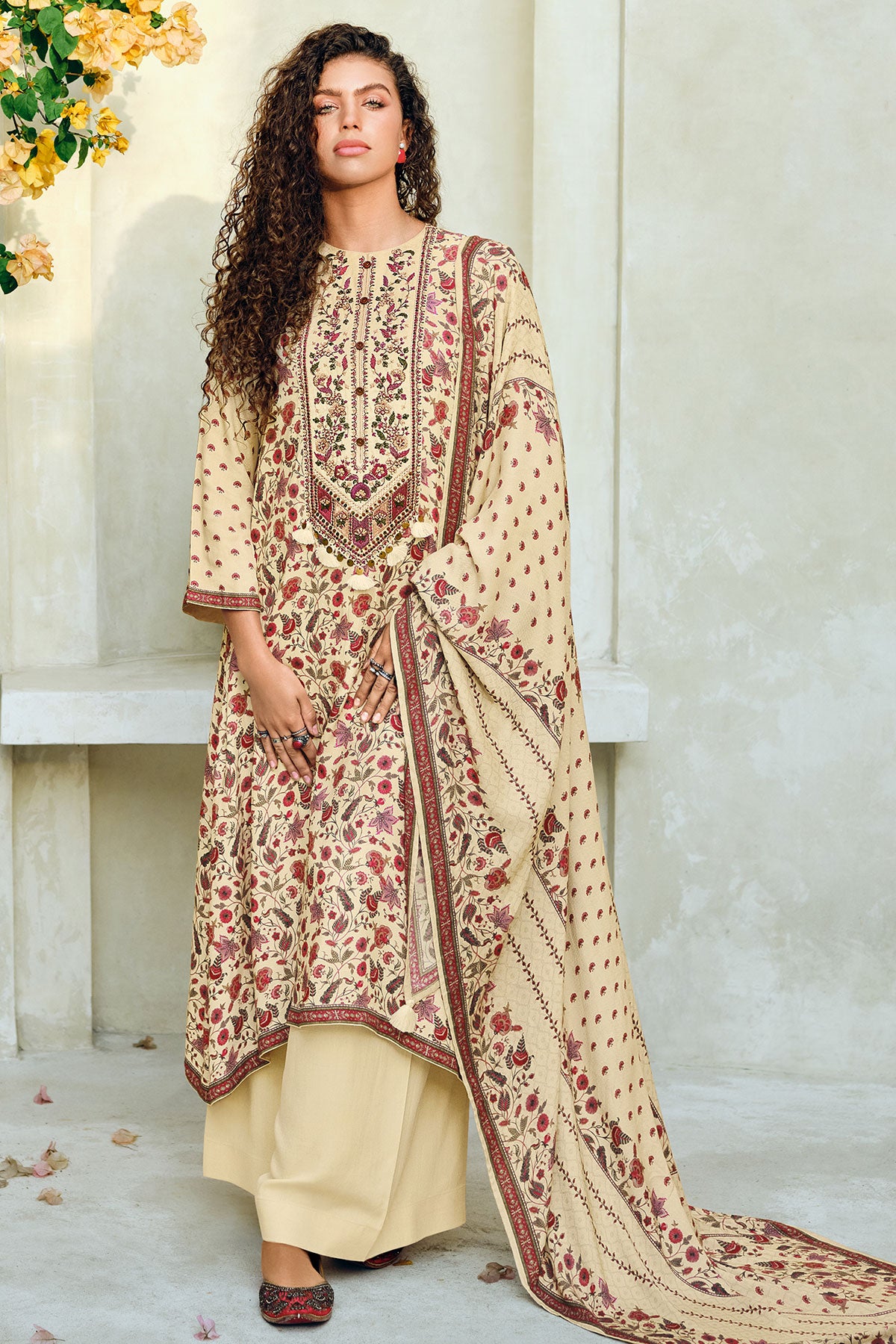 Cream Pashmina Floral Printed With Embroidered Yoke Unstitched Suit