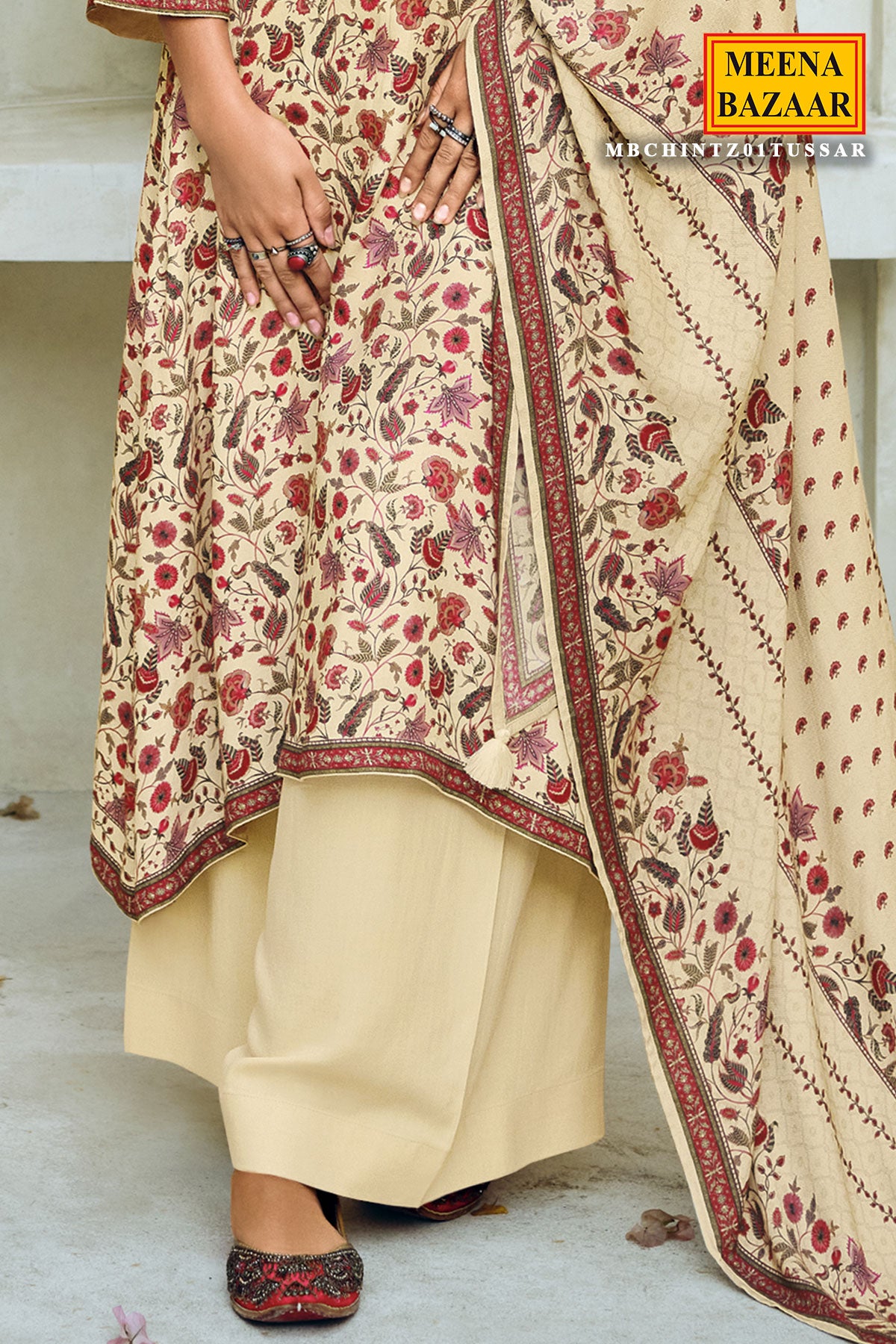 Cream Pashmina Floral Printed With Embroidered Yoke Unstitched Suit