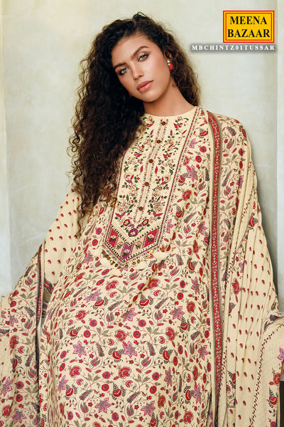 Cream Pashmina Floral Printed With Embroidered Yoke Unstitched Suit