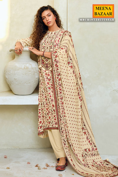 Cream Pashmina Floral Printed With Embroidered Yoke Unstitched Suit