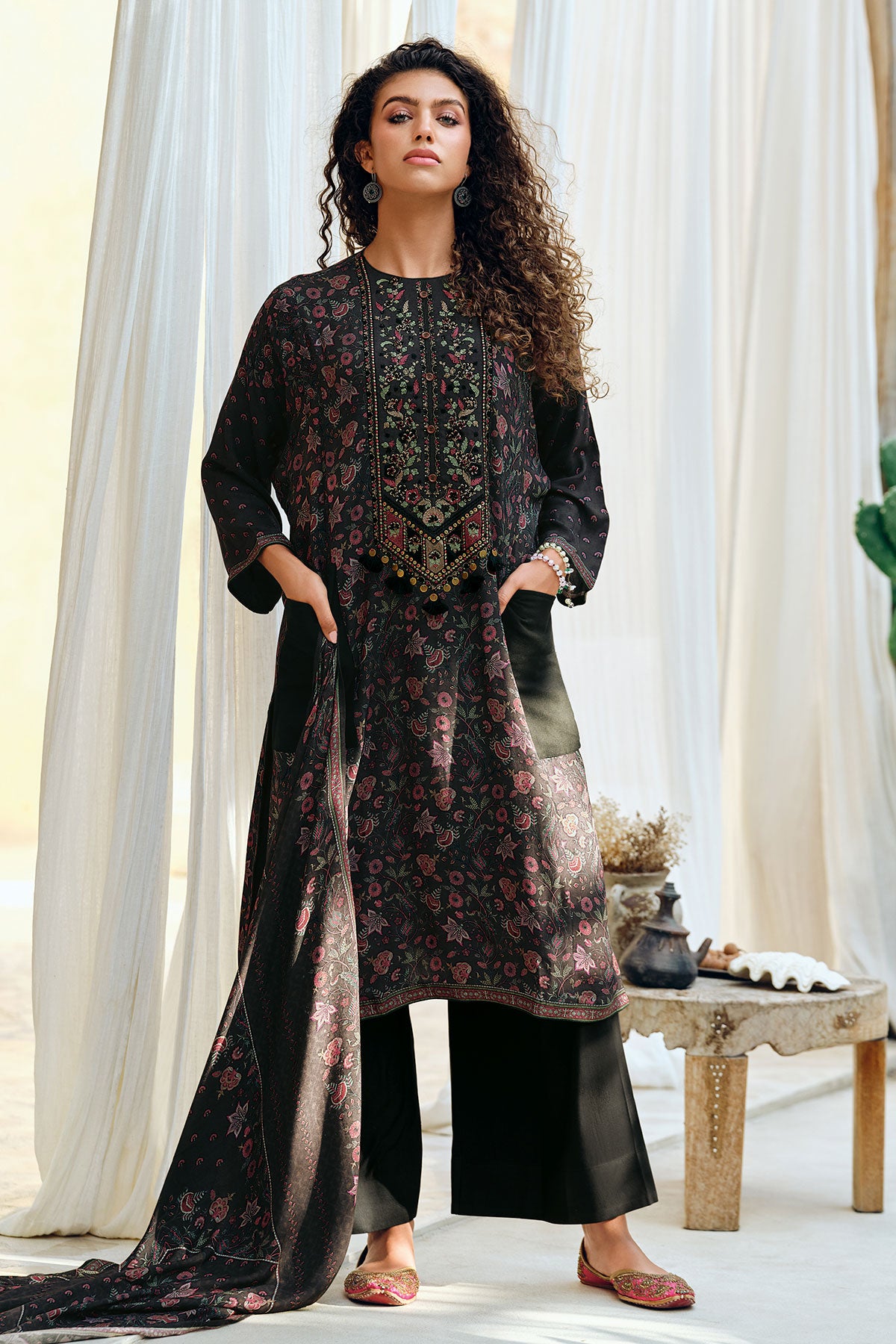 Black Pashmina Floral Printed With Embroidered Yoke Unstitched Suit