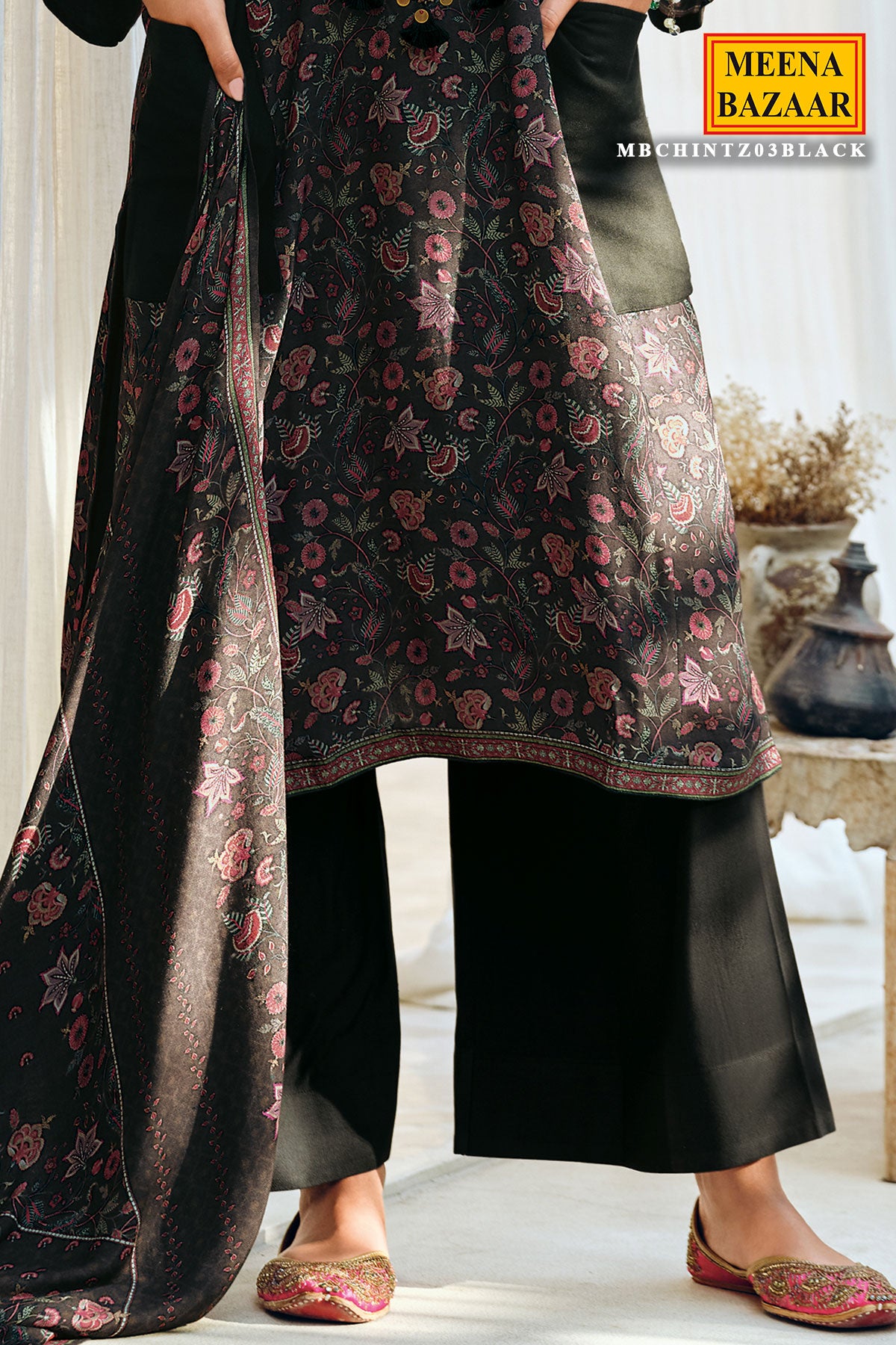 Black Pashmina Floral Printed With Embroidered Yoke Unstitched Suit