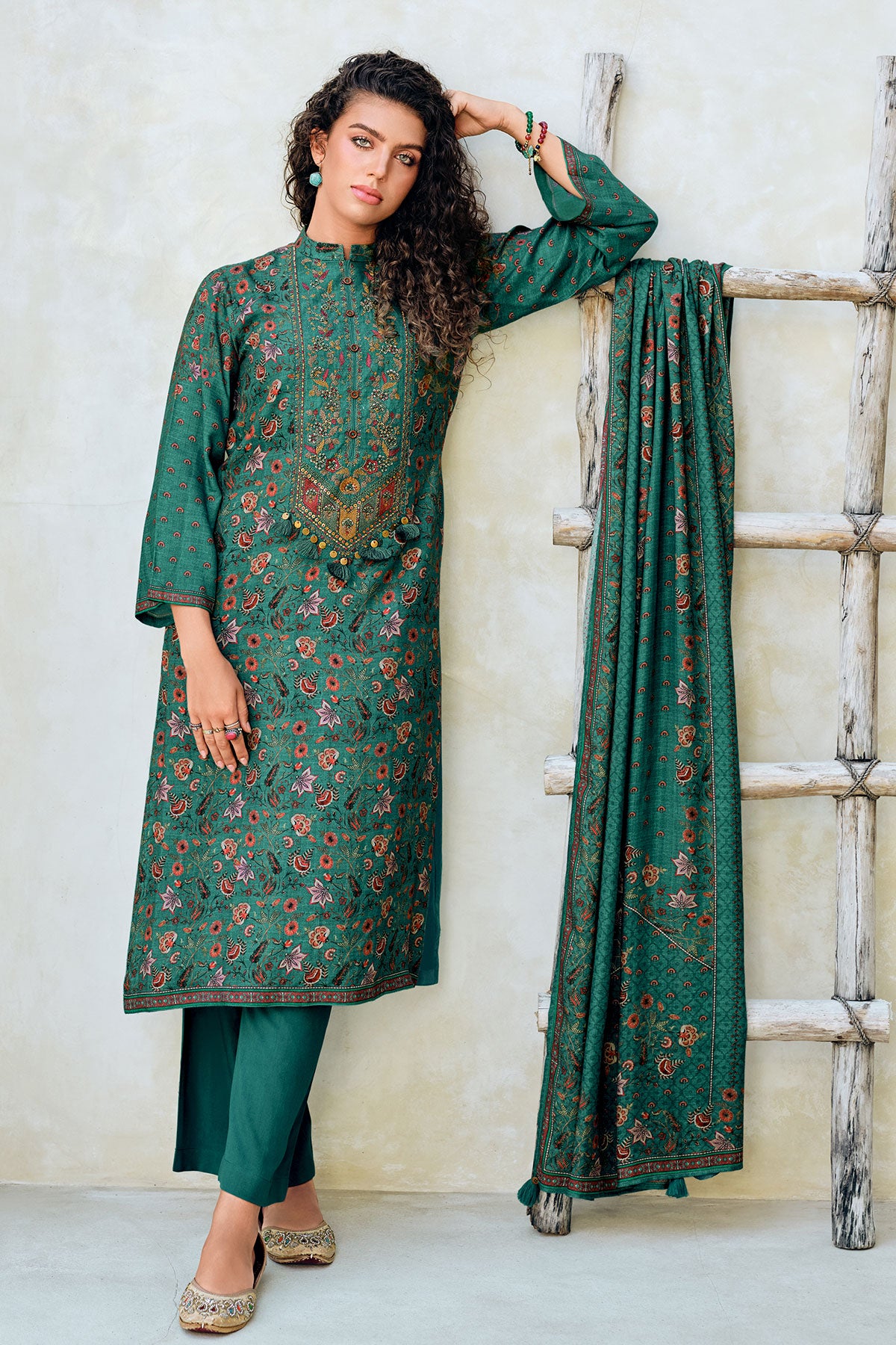 Rama Pashmina Floral Printed With Embroidered Yoke Unstitched Suit