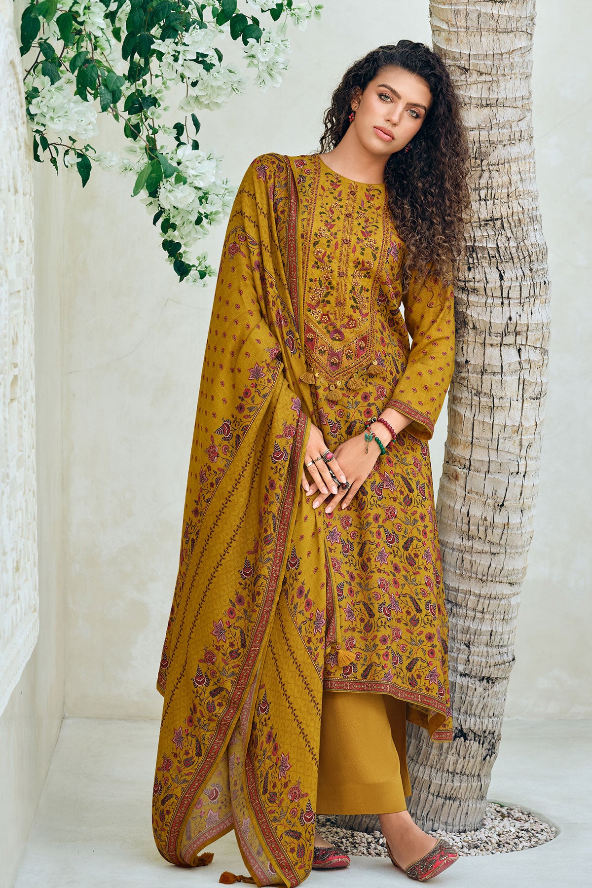 Mustard Pashmina Floral Printed With Embroidered Yoke Unstitched Suit