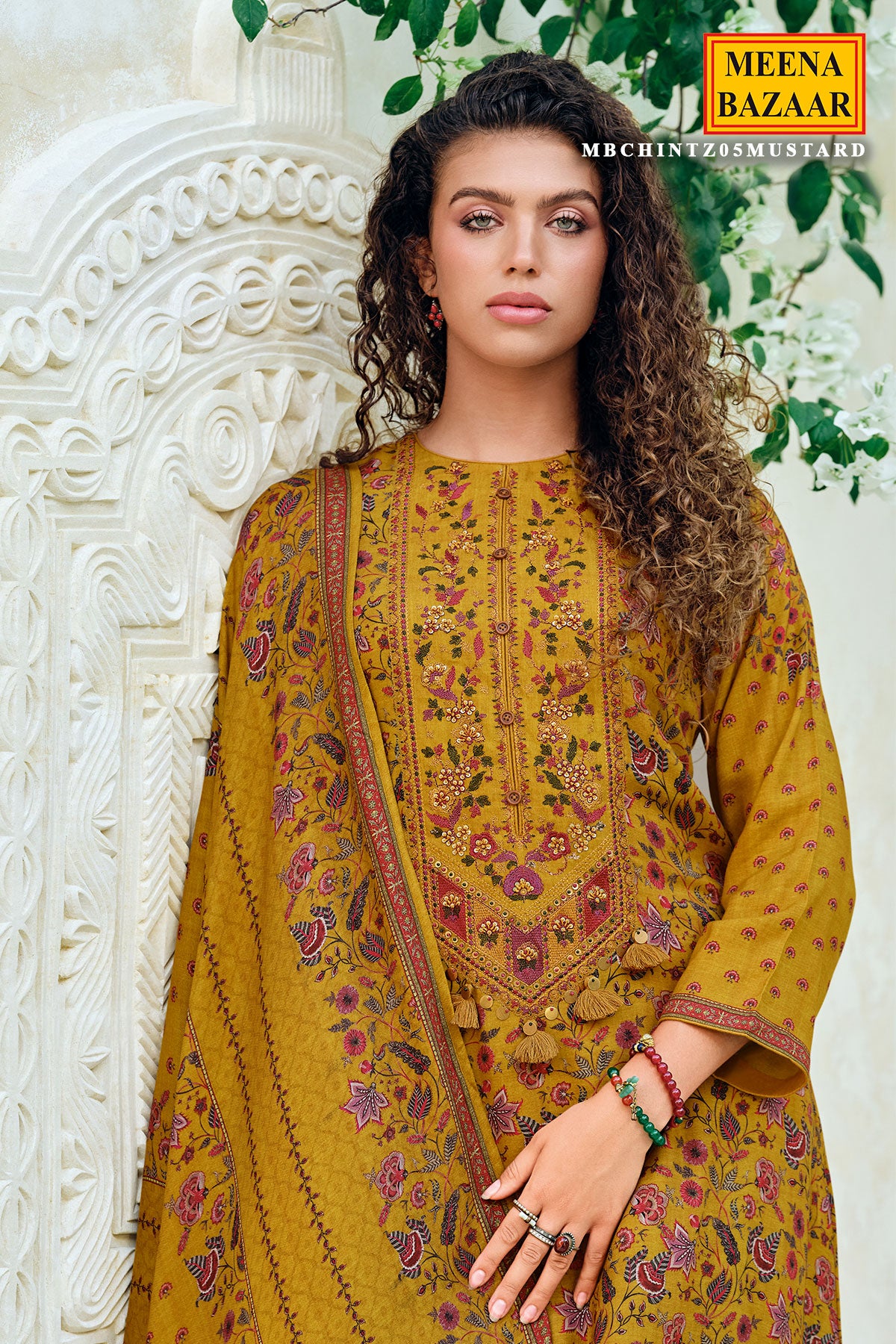 Mustard Pashmina Floral Printed With Embroidered Yoke Unstitched Suit