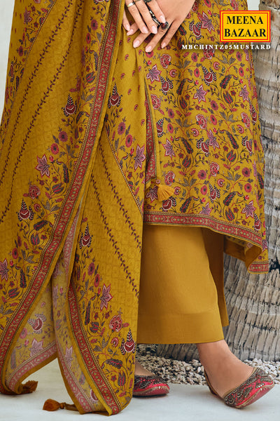 Mustard Pashmina Floral Printed With Embroidered Yoke Unstitched Suit