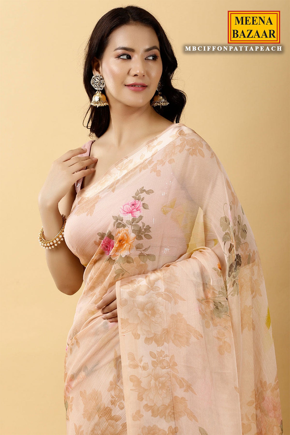 Peach Floral Printed Chiffon Saree