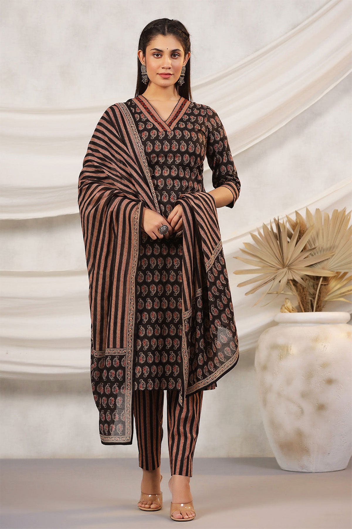 Black Cotton Printed Suit with Embroidered Neck