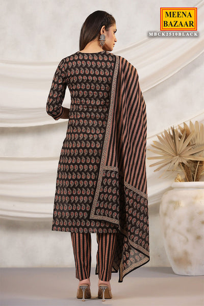 Black Cotton Printed Suit with Embroidered Neck