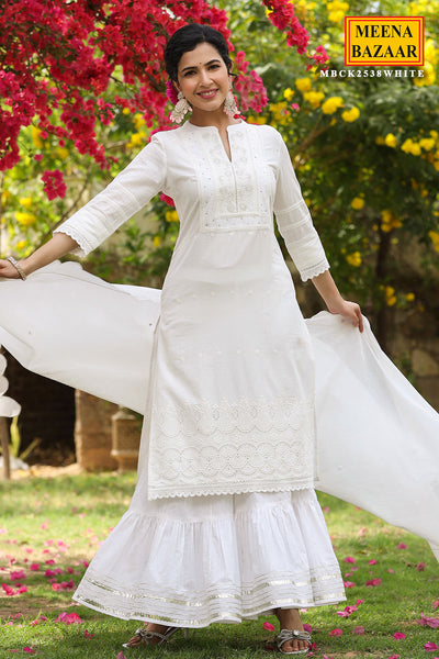 White Cotton Thread Embroidered Gharara Suit Set
