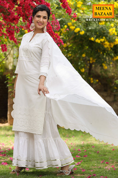 White Cotton Thread Embroidered Gharara Suit Set