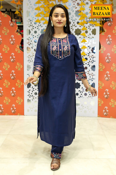 Navy Muslin Neck Embroidered Kurti Pant Set