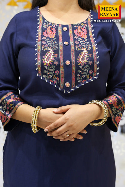 Navy Muslin Neck Embroidered Kurti Pant Set