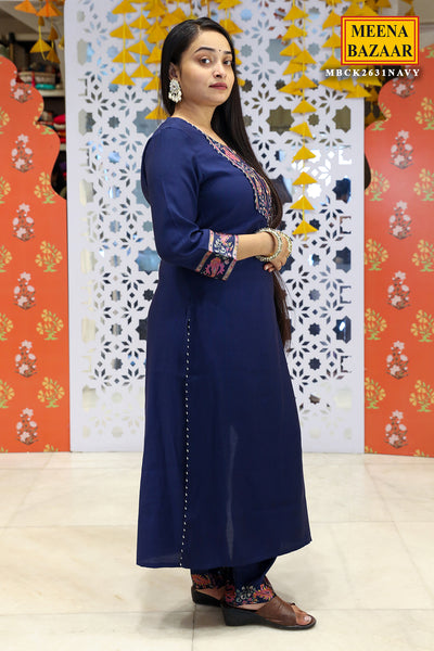 Navy Muslin Neck Embroidered Kurti Pant Set