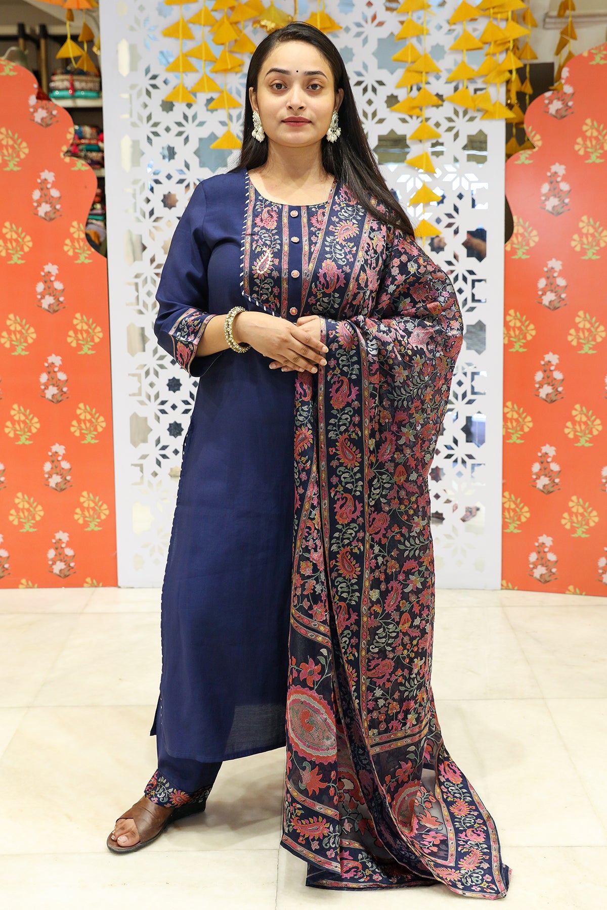 Navy Muslin Neck Embroidered Kurti Pant Set