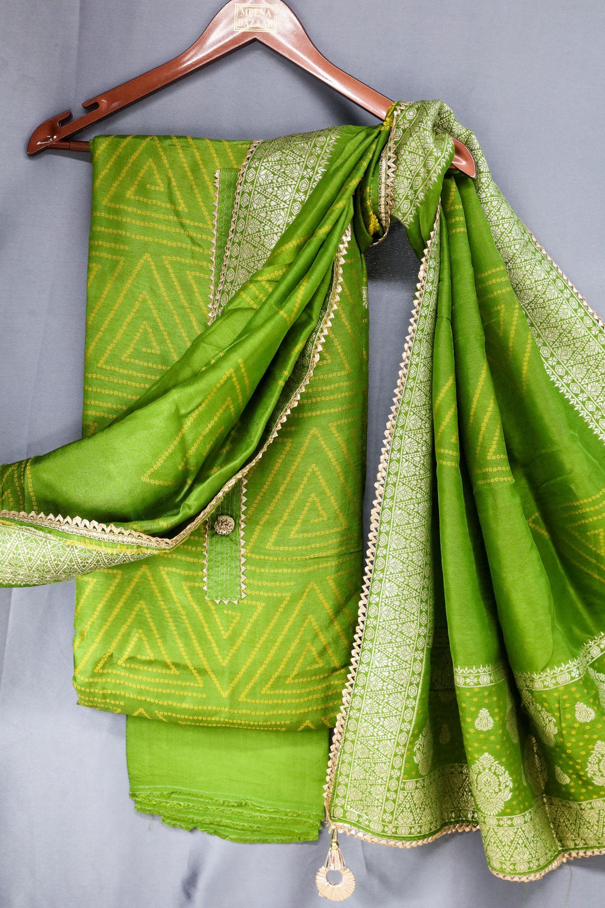 Green Modal Silk Bandhej Print Zari Embroidered Unstitched Suit