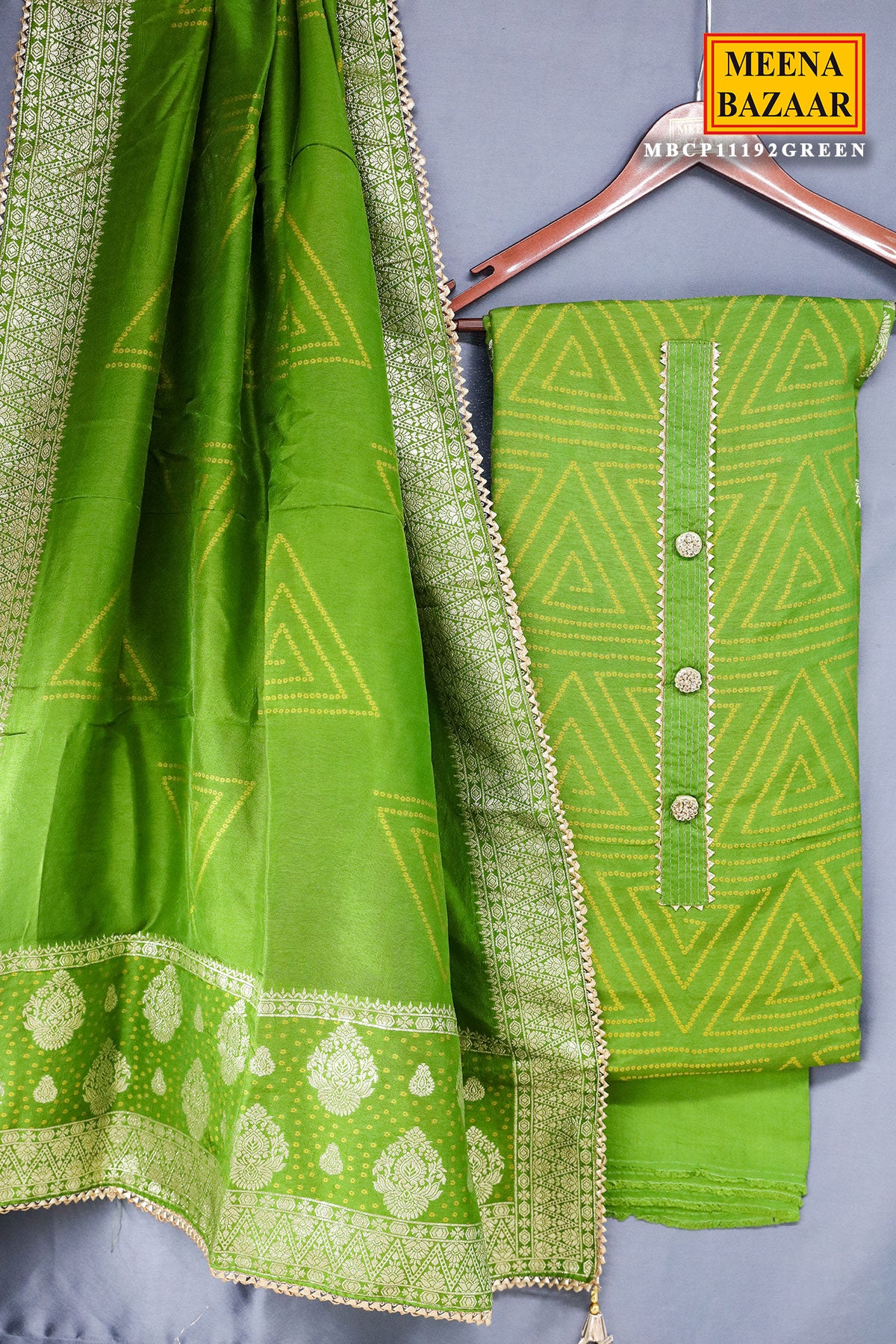 Green Modal Silk Bandhej Print Zari Embroidered Unstitched Suit