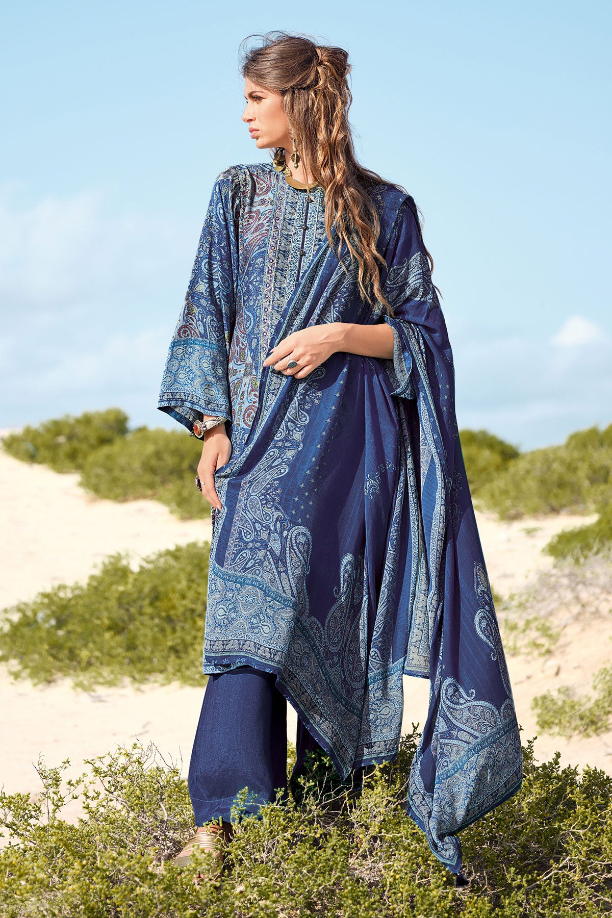Blue Crepe Digital Floral Printed Unstitched Suit Set