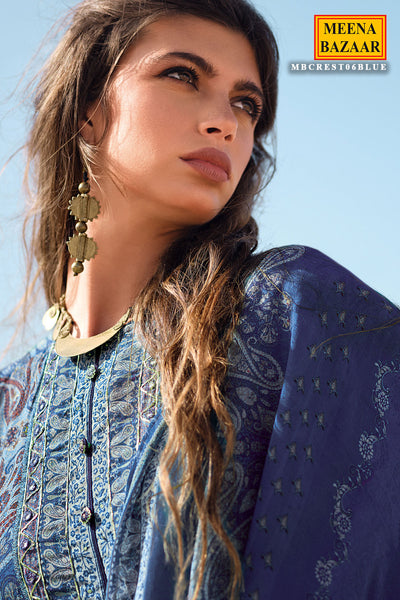 Blue Crepe Digital Floral Printed Unstitched Suit Set