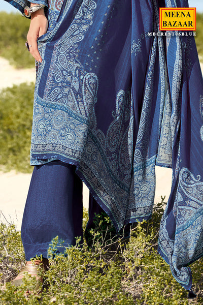 Blue Crepe Digital Floral Printed Unstitched Suit Set