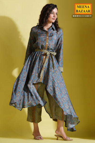 Grey Crepe Printed Asymmetrical Kurti and Pant Set with Tie-On Belt