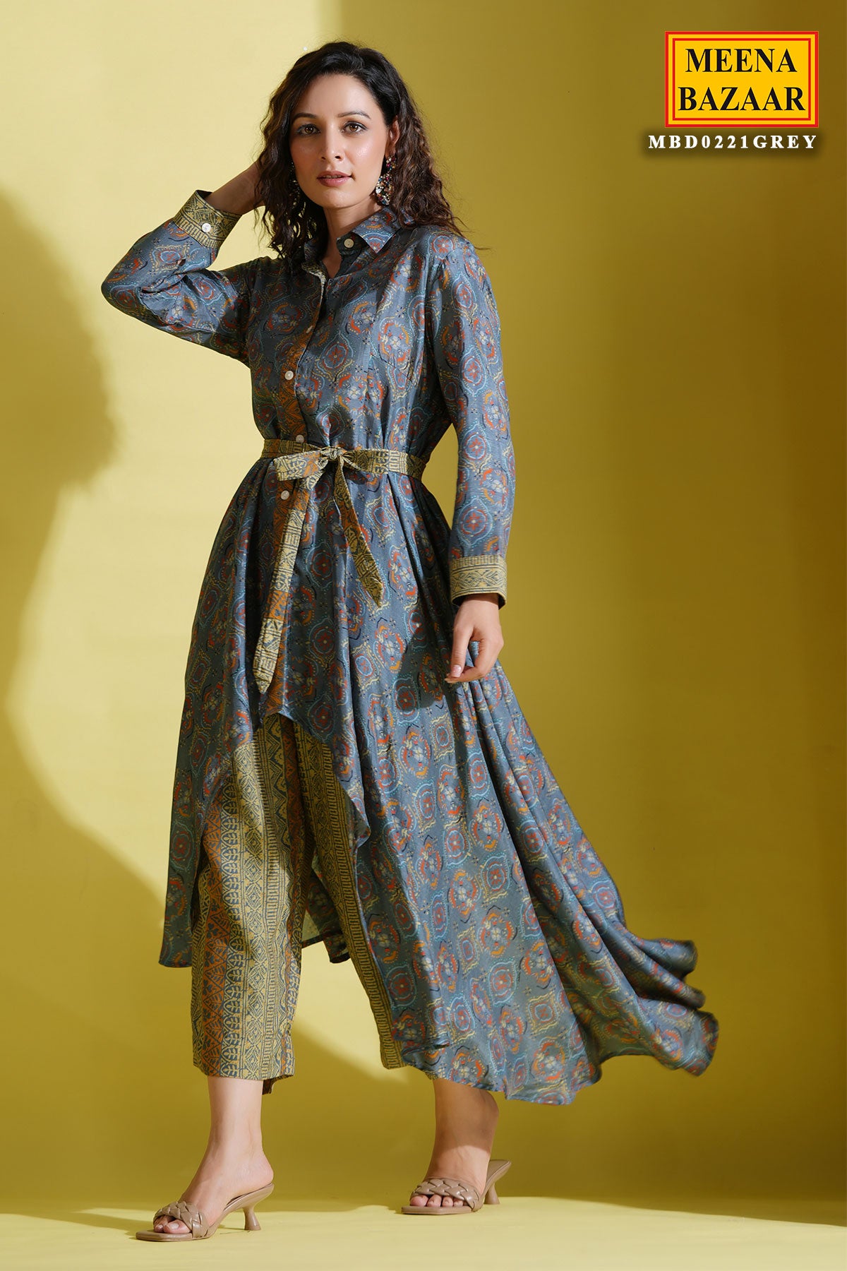 Grey Crepe Printed Asymmetrical Kurti and Pant Set with Tie-On Belt
