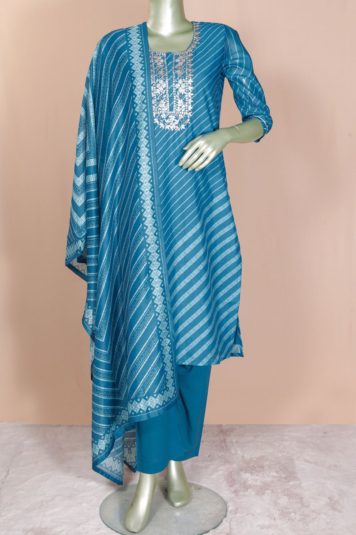 Blue Cotton Ready Made Suit with Elegant Gota Patti Work