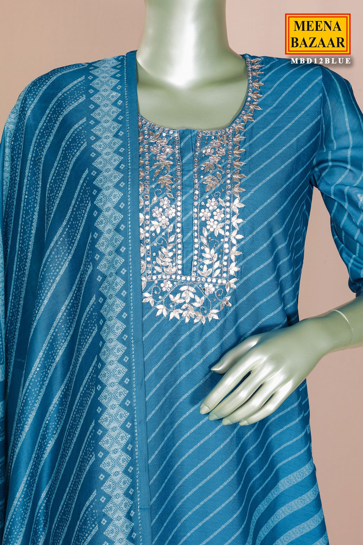 Blue Cotton Ready Made Suit with Elegant Gota Patti Work