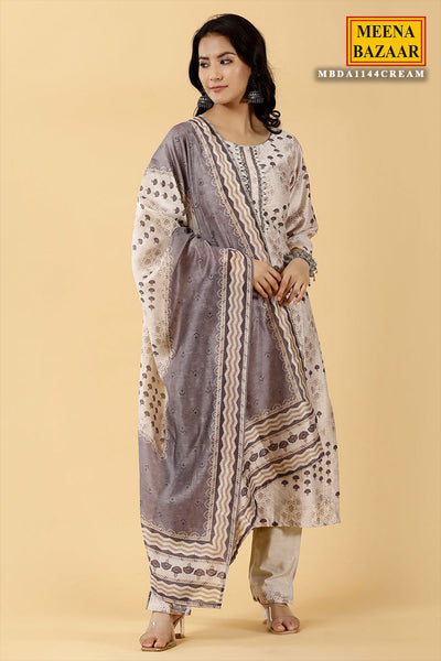 Cream Chanderi Printed Cutdana and Moti Embroidered Suit