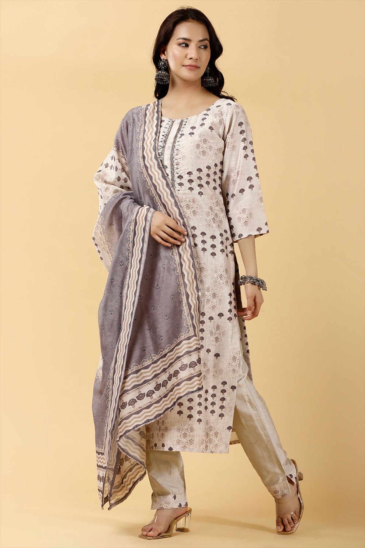 Cream Chanderi Printed Cutdana and Moti Embroidered Suit