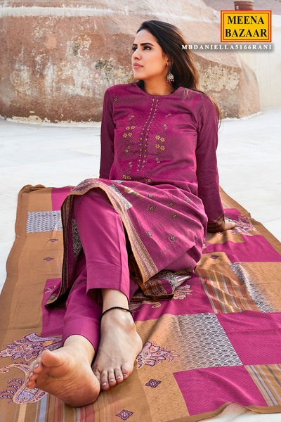 Magenta Cotton Printed & Thread Embroidered Unstitched Suit Set