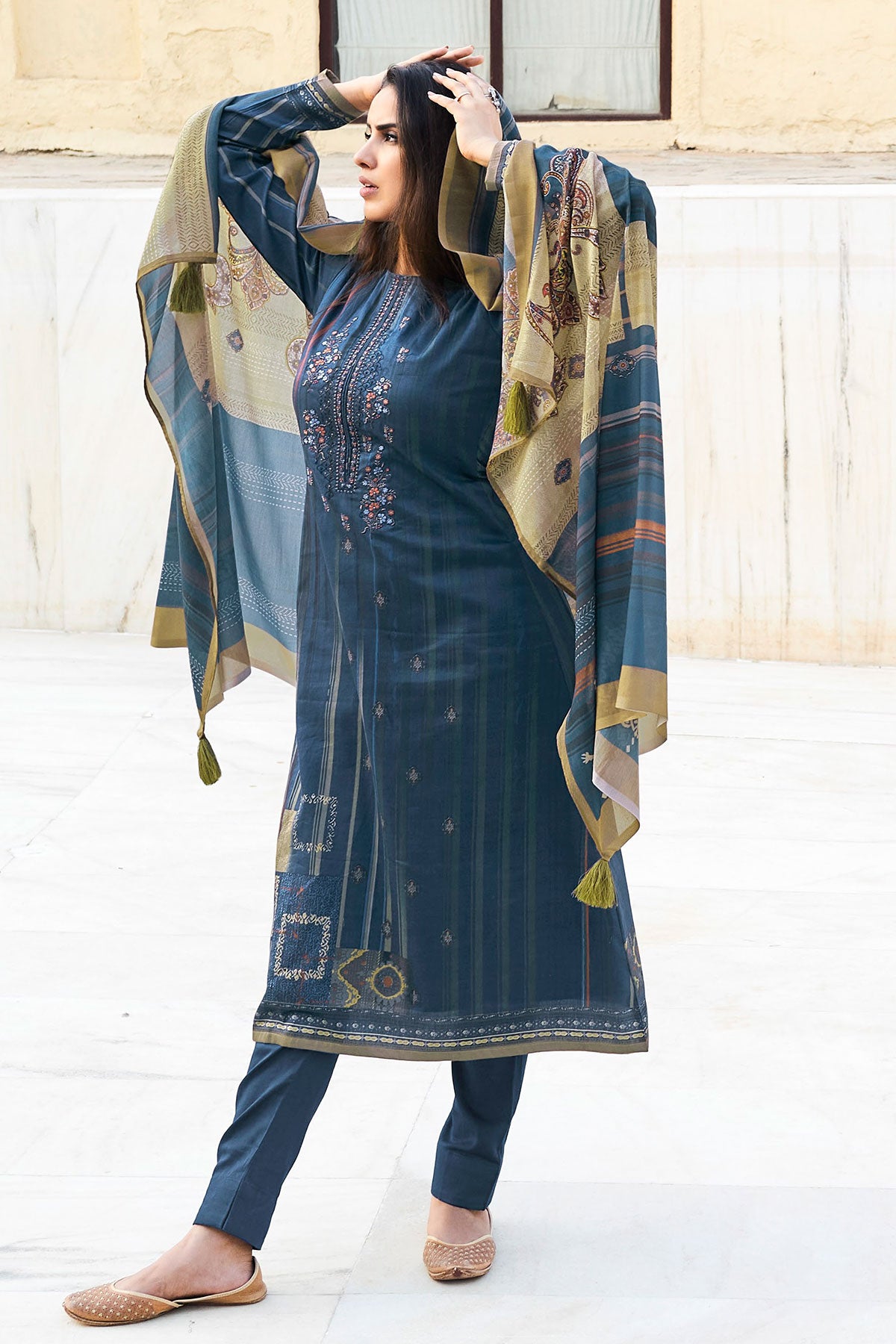 Navy Cotton Printed & Thread Embroidered Unstitched Suit Set