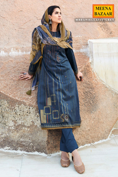 Navy Cotton Printed & Thread Embroidered Unstitched Suit Set