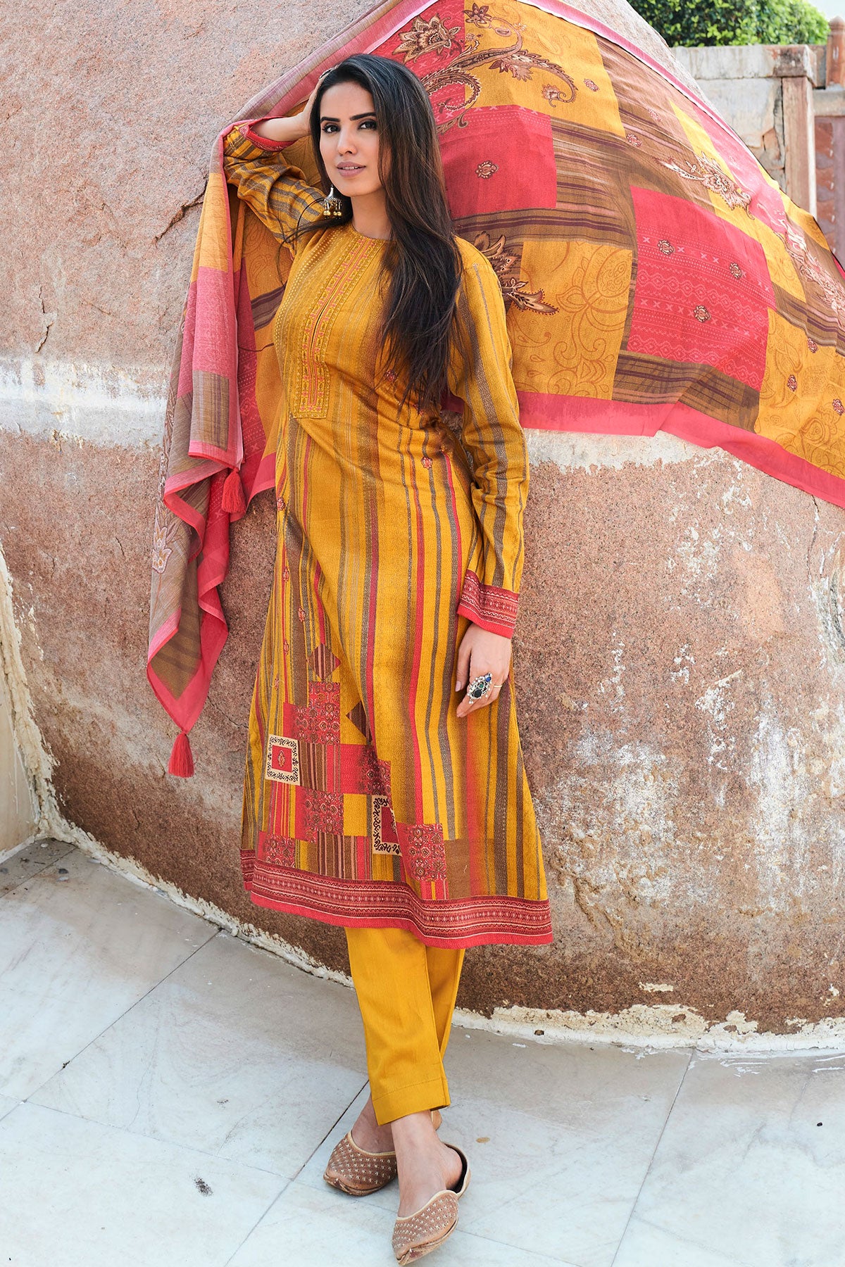 Mustard Cotton Printed & Thread Embroidered Unstitched Suit Set