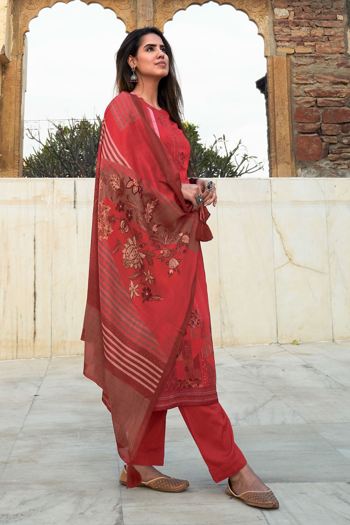 Red Cotton Printed & Thread Embroidered Unstitched Suit Set