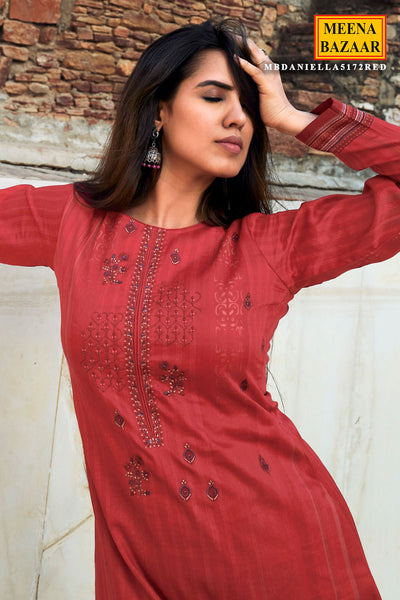 Red Cotton Printed & Thread Embroidered Unstitched Suit Set