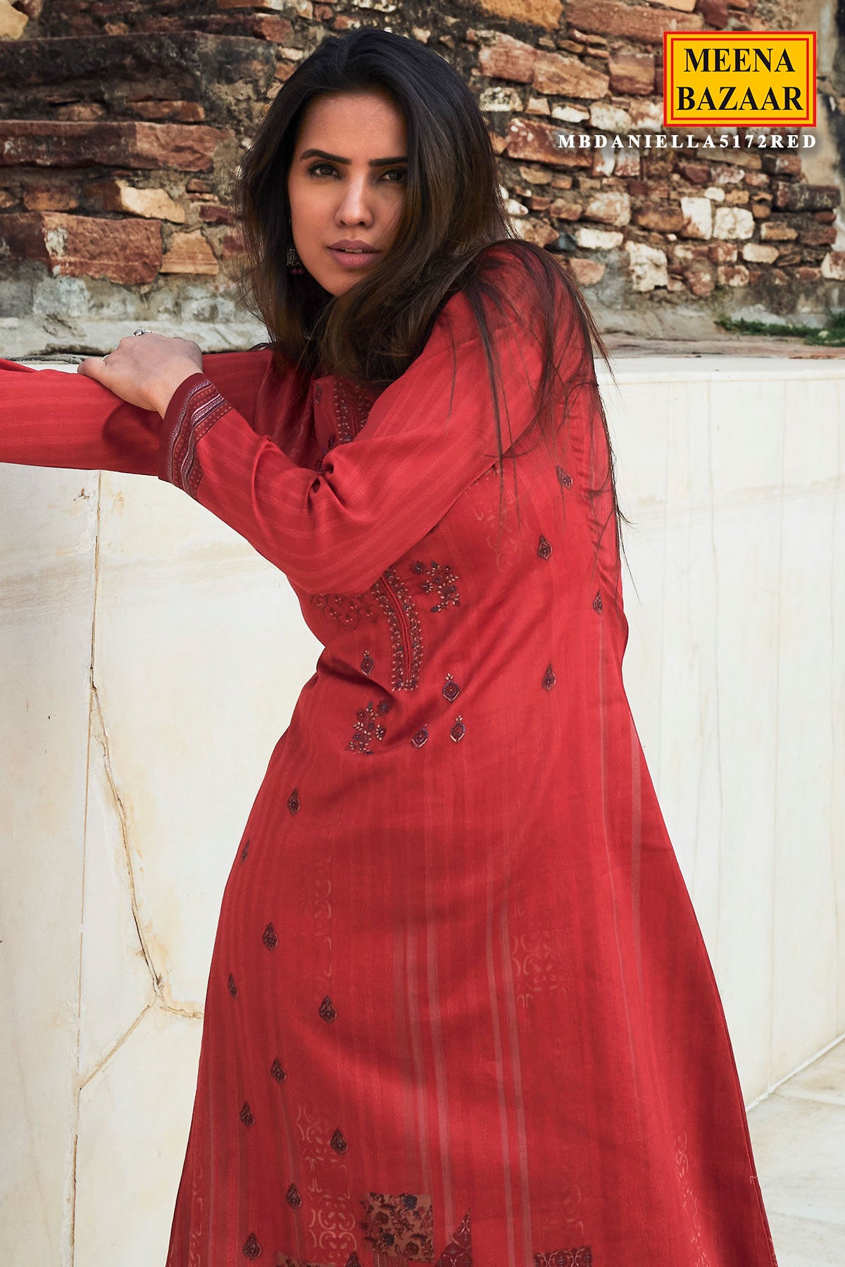 Red Cotton Printed & Thread Embroidered Unstitched Suit Set