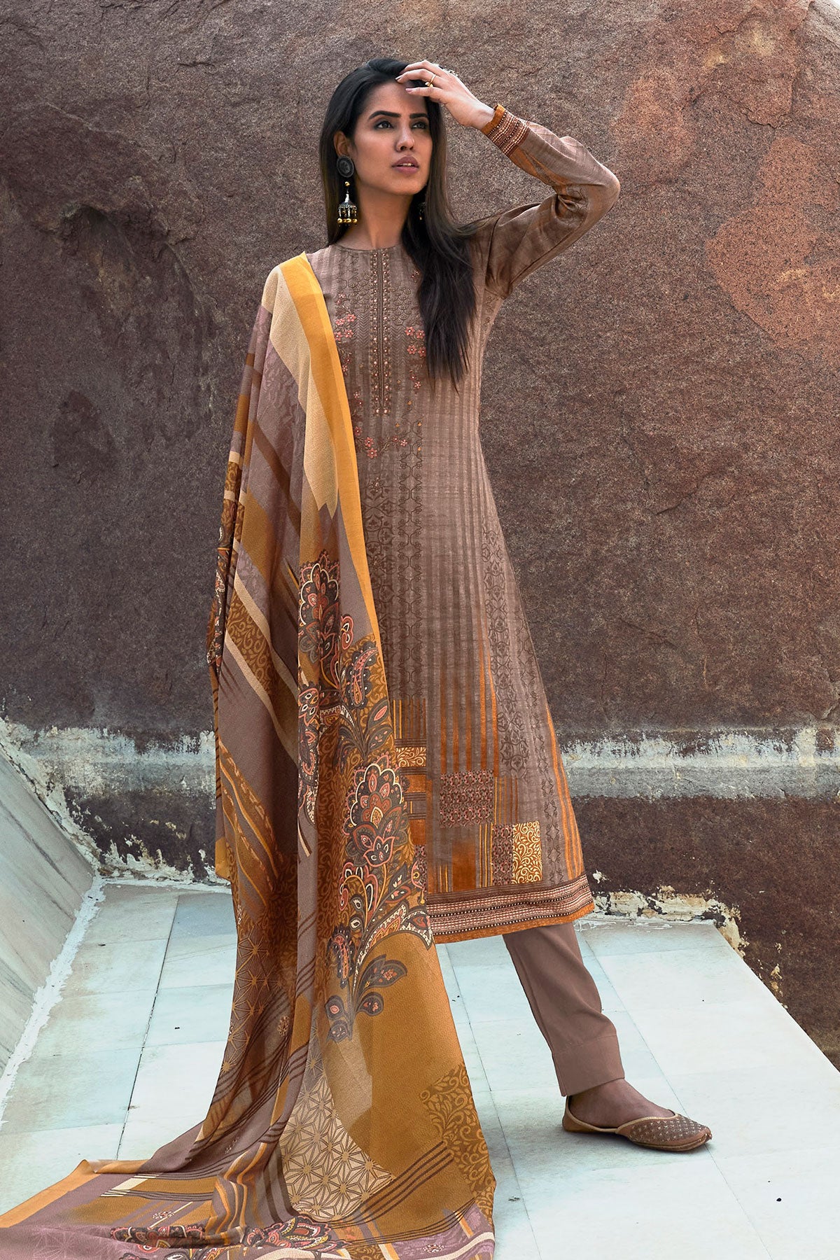 Brown Cotton Printed & Thread Embroidered Unstitched Suit Set