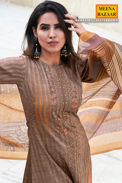 Brown Cotton Printed & Thread Embroidered Unstitched Suit Set