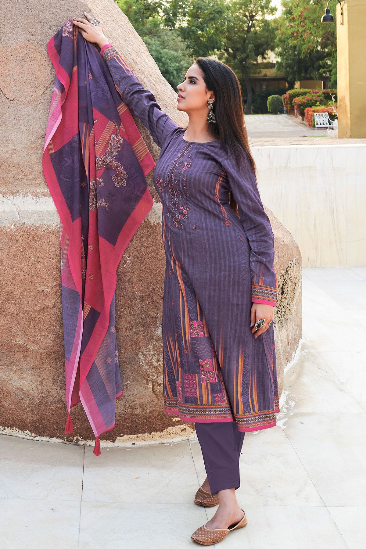 Purple Cotton Printed & Thread Embroidered Unstitched Suit Set